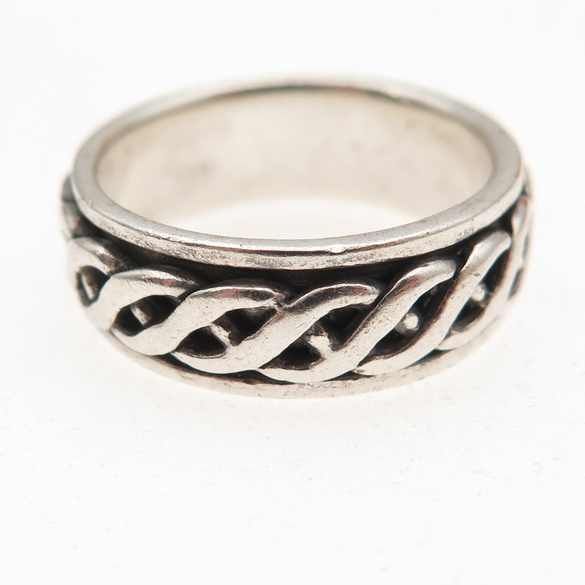 925 Sterling Silver Vintage Woven Oxidized Rotating Band Ring Size 8.75
