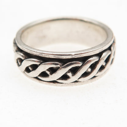 925 Sterling Silver Vintage Woven Oxidized Rotating Band Ring Size 8.75