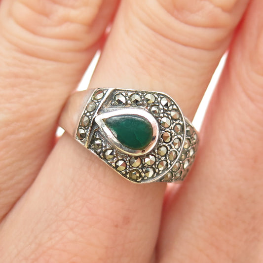 925 Sterling Silver Vintage Real Green Chalcedony Marcasite Overlap Ring Size 7