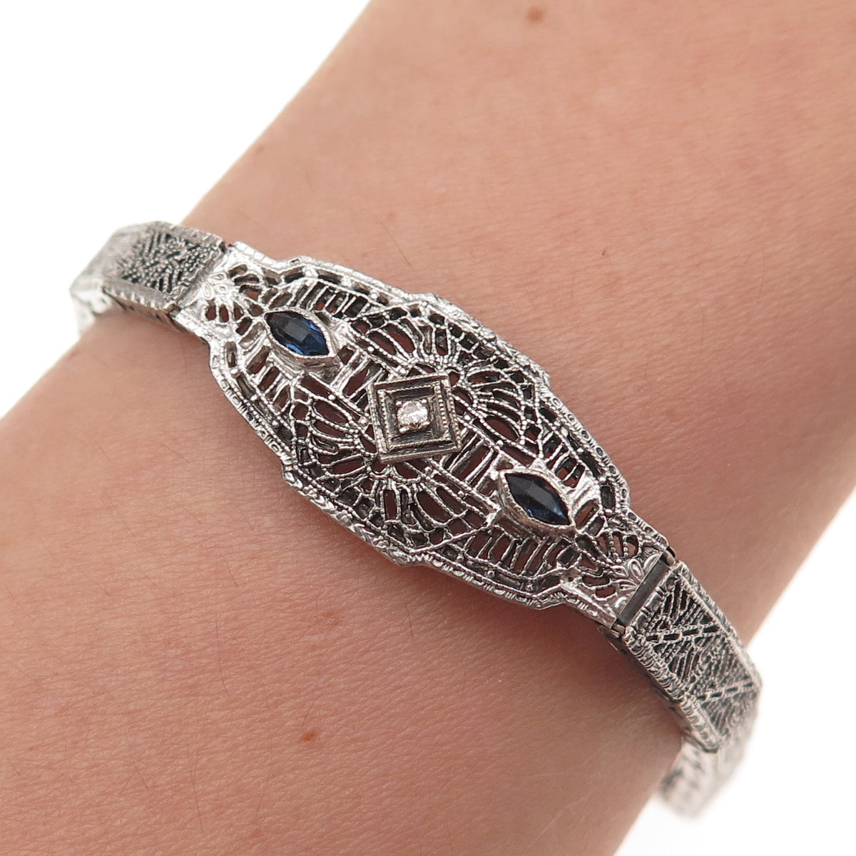 925 Sterling Antique Art Deco Real Diamond & Rhinestone Filigree Bracelet 6.5"