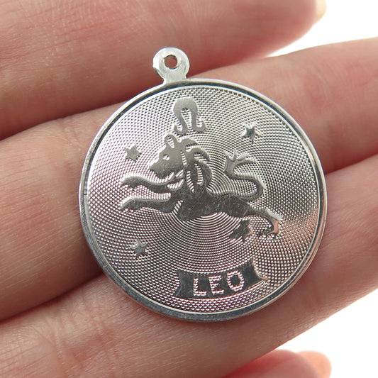 925 Sterling Silver Vintage Leo Zodiac Sign Round Pendant