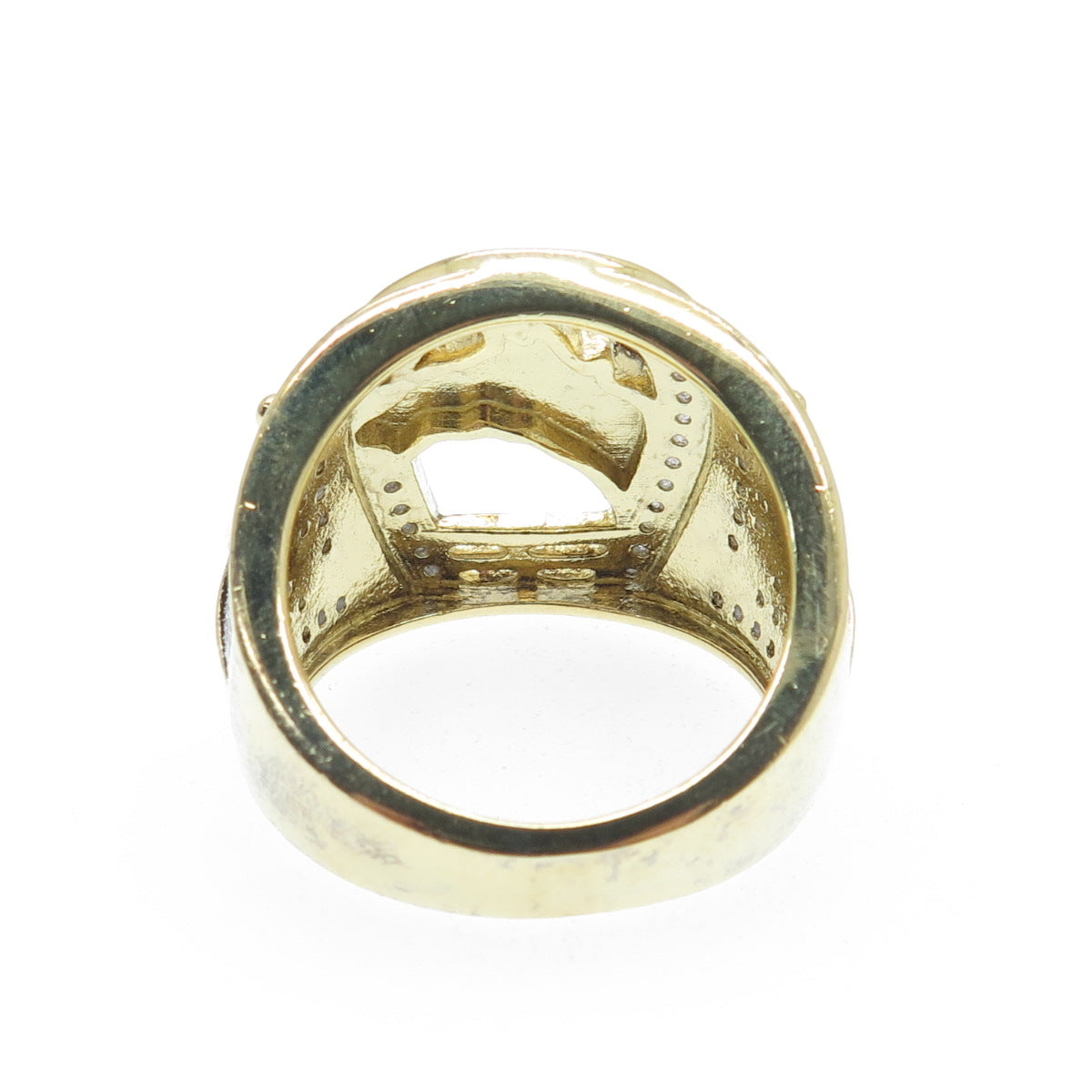 925 Sterling Gold Plated C Z Horse & Horseshoe for Good Luck Wide Ring Size 11.5