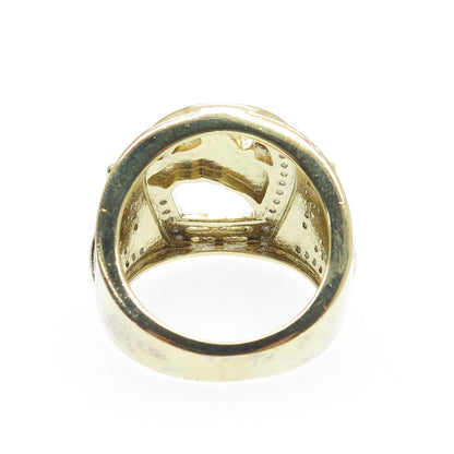 925 Sterling Gold Plated C Z Horse & Horseshoe for Good Luck Wide Ring Size 11.5