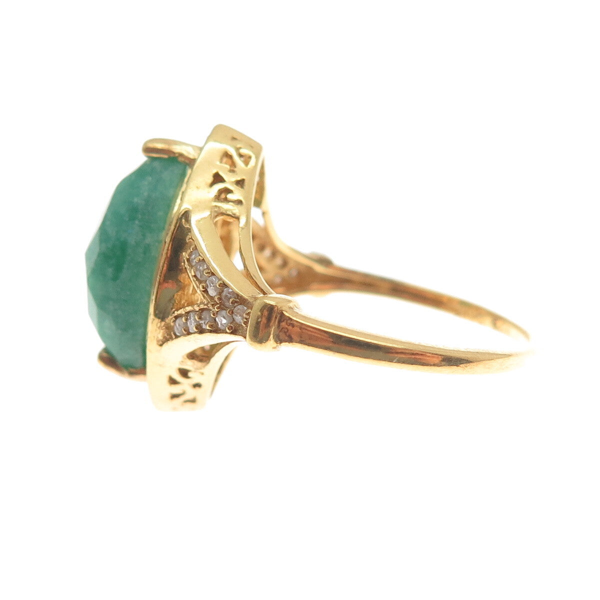 925 Sterling Silver Gold Plated Real Round-Cut Diamond & Emerald Ring Size 7.75