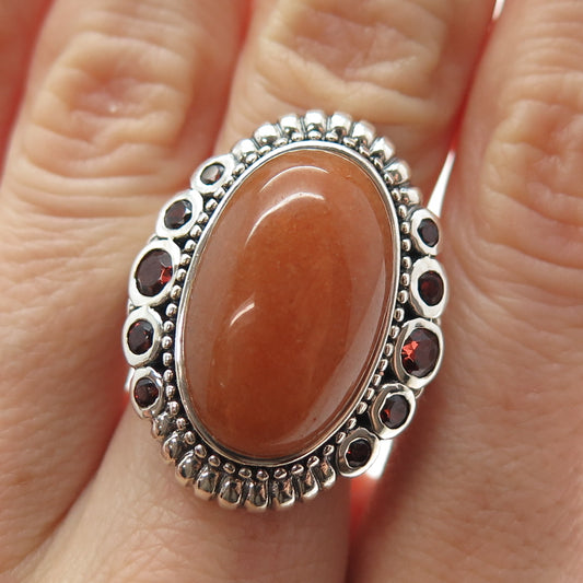 925 Sterling Silver Vintage Real Orange Aventurine & Red Garnet Ring Size 9.5