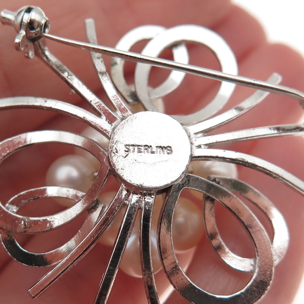 925 Sterling Silver Antique Art Deco Real Akoya Pearl Floral Pin Brooch