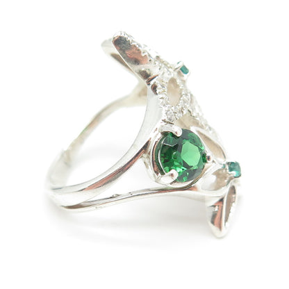 925 Sterling Silver Chrome Diopside & C Z Floral Ring Size 6
