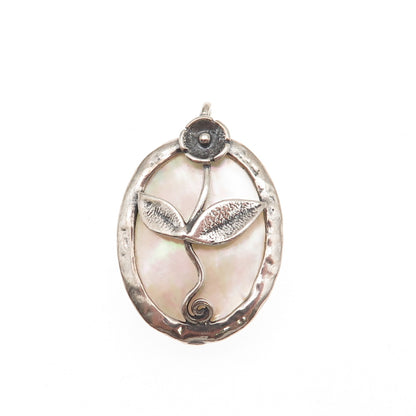 925 Sterling Silver Vintage Israel Real MOP Floral Oxidized Charm Pendant