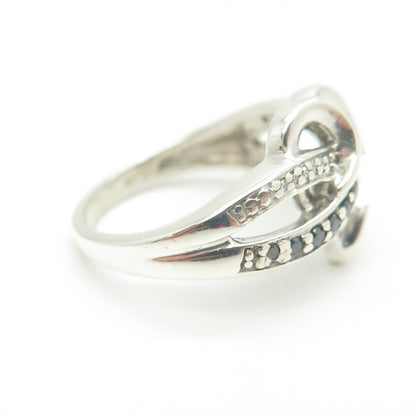 JANE SEYMOUR 925 Sterling Silver Real Black & White Diamond Heart Ring Size 6.75