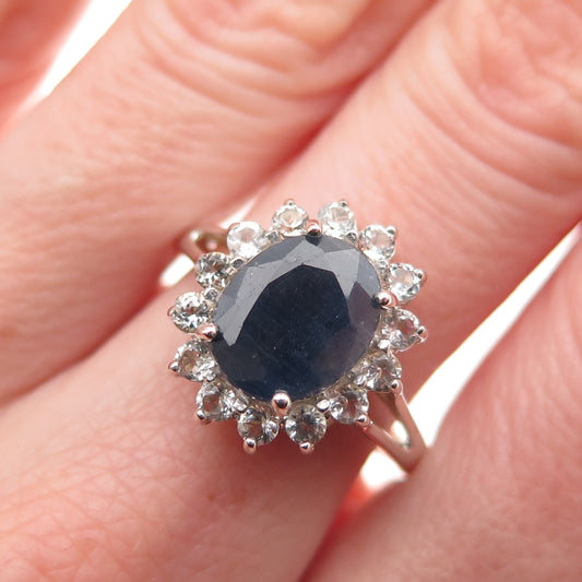 DEE BERKLE Sterling Silver Vintage Real Sapphire & White Topaz Ring Size 8.25