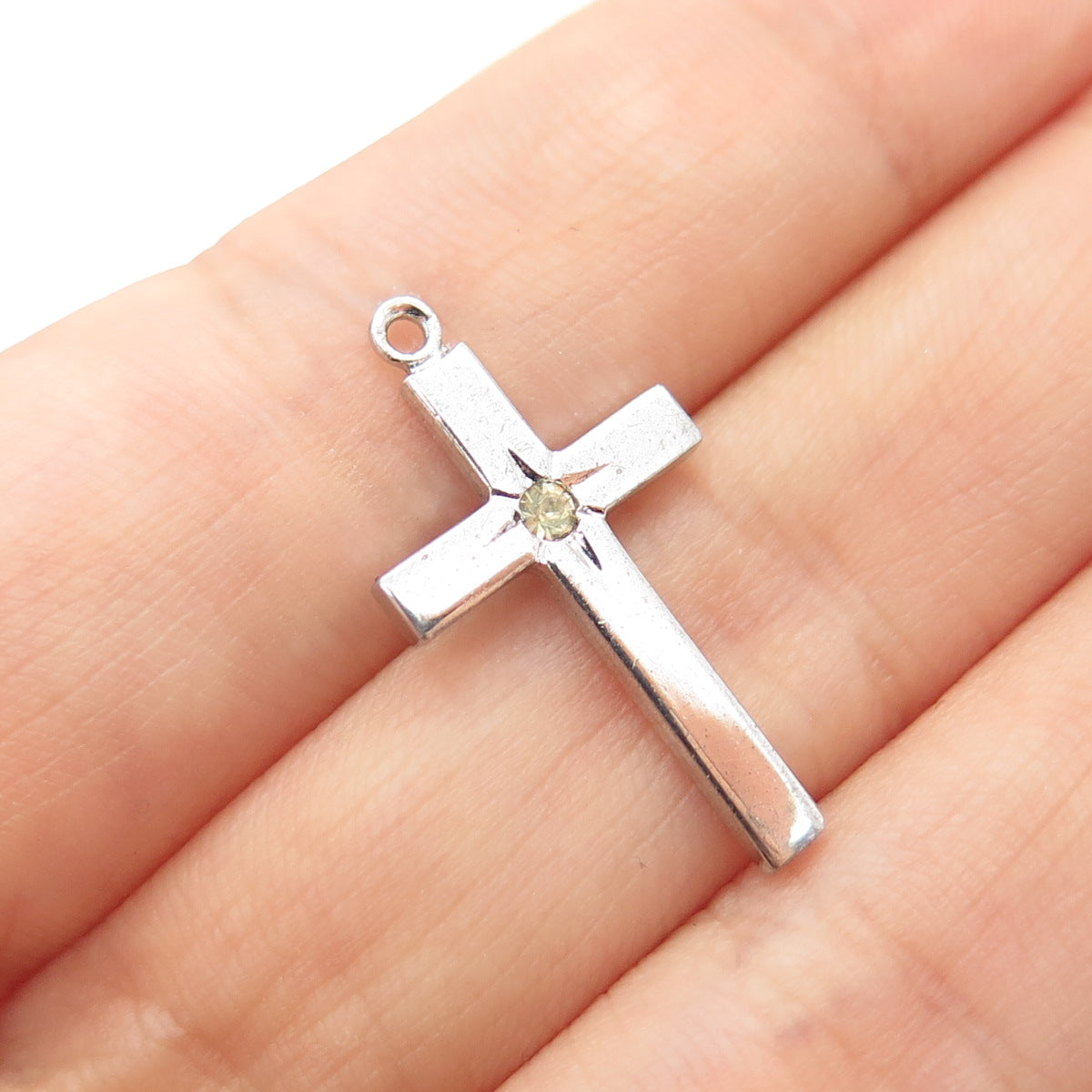 THEDA 925 Sterling Silver Vintage Rhinestone Cross Religious Charm Pendant