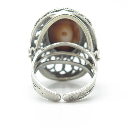 925 Sterling Silver Vintage Cat's Eye Imitation Filigree Statement Ring Size 8.5