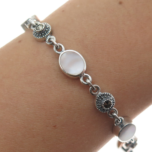 925 Sterling Silver Vintage Real MOP & Marcasite Station Link Bracelet 7.25"
