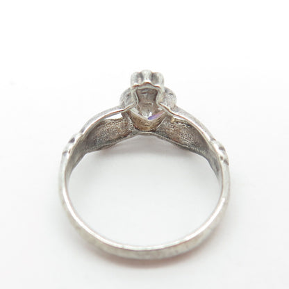 925 Sterling Silver Vintage Heart-Cut Shaped C Z Irish Claddagh Ring Size 4.75