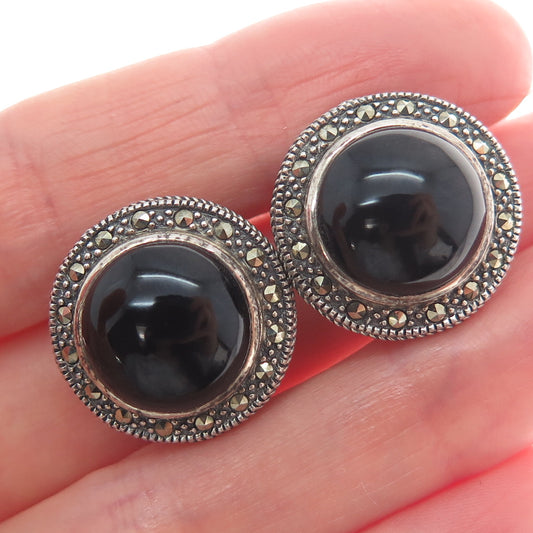 MARC 925 Sterling Silver Vintage Real Black Onyx & Marcasite Oxidized Earrings