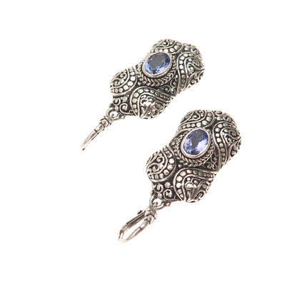 Sarda 925 Sterling Silver Vintage Real Iolite Ornate Oxidized Dangle Earrings