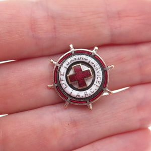 Silver-Tone Antique WWII Enamel American Red Cross Life Saving Service Pin
