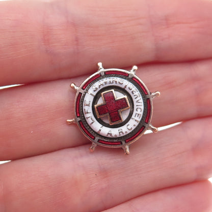 Silver-Tone Antique WWII Enamel American Red Cross Life Saving Service Pin