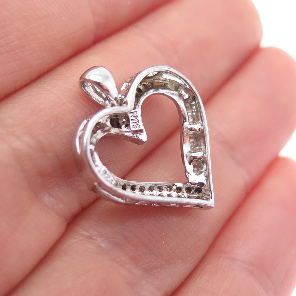 SUN 925 Sterling Silver Real Round & Tapered Baguette-Cut Diamond Heart Pendant