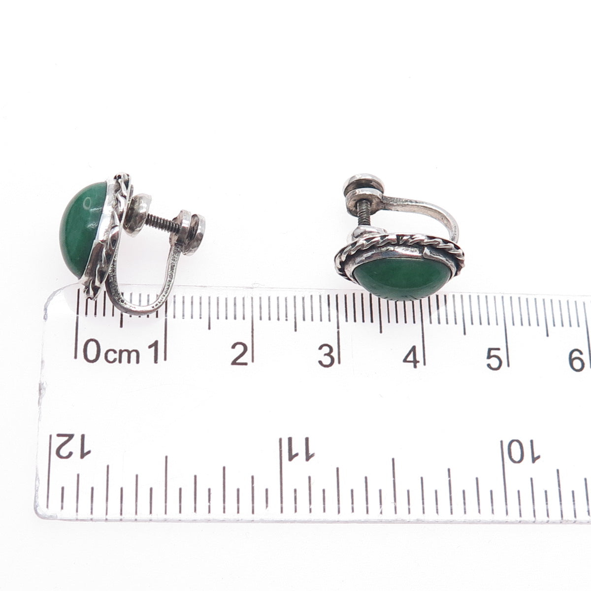 925 Sterling Silver Vintage Mexico Real Cabochon Jade Screw Back Earrings