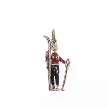 Wells Sterling Silver Antique Art Deco Enamel Female Skier Mini Charm Pendant