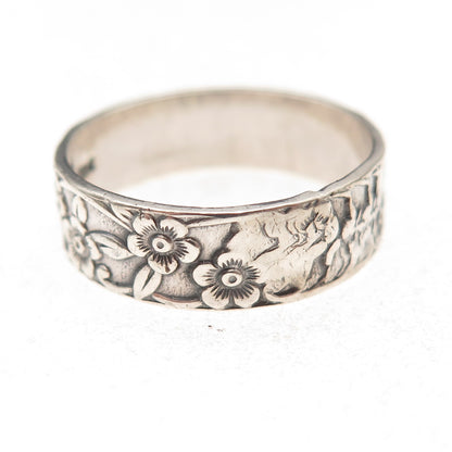 925 Sterling Silver Antique Art Deco Cherry Blossom Oxidized Ring Size 9