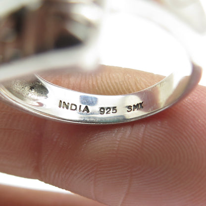 925 Sterling Silver Real Checkered Emerald Gemstone Ornate Frame Ring Size 8