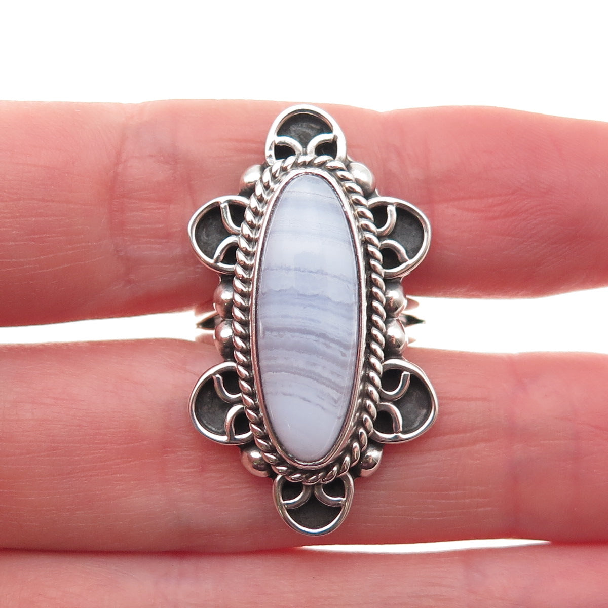 925 Sterling Silver Vintage CII Mexico Real Lace Agate Oxidized Ring Size 7