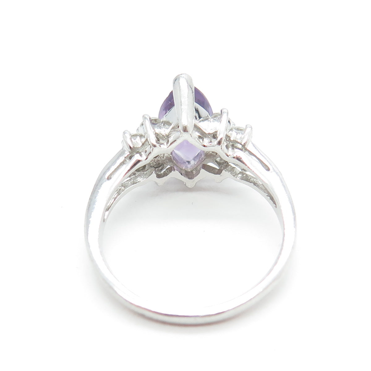 925 Sterling Silver Vintage Real Marquise-Cut Amethyst & White C Z Ring Size 7