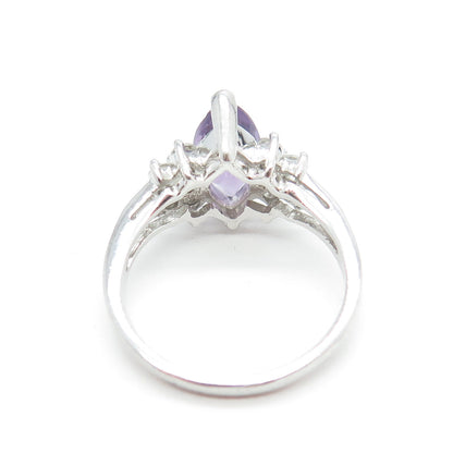 925 Sterling Silver Vintage Real Marquise-Cut Amethyst & White C Z Ring Size 7