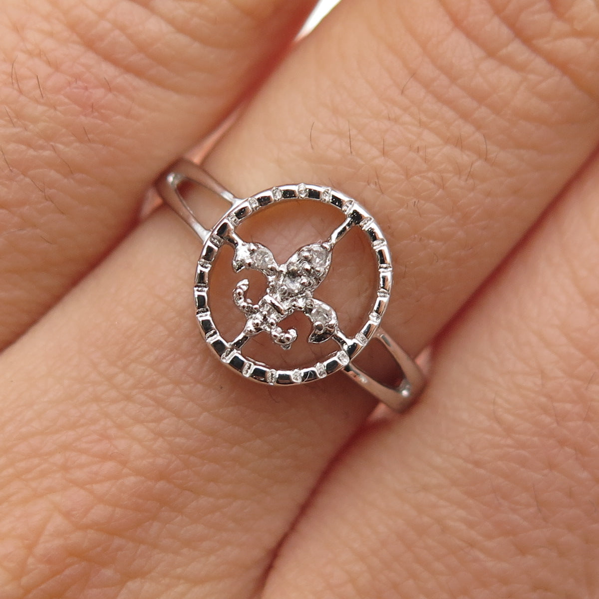 925 Sterling Silver Real Round-Cut Diamond Fleur de Lis Ring Size 7
