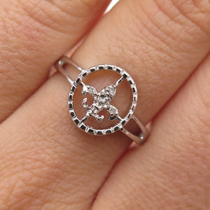 925 Sterling Silver Real Round-Cut Diamond Fleur de Lis Ring Size 7