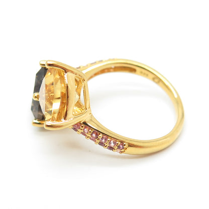 925 Sterling Silver Gold Plated Real Citrine Smoky Quartz & Amethyst Ring Size 7