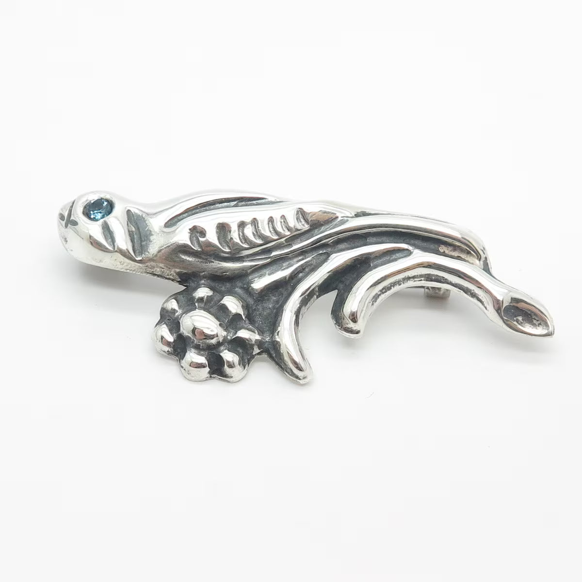 925 Sterling Silver Vintage Real Blue Topaz Gem Bird On Branch Pin Brooch