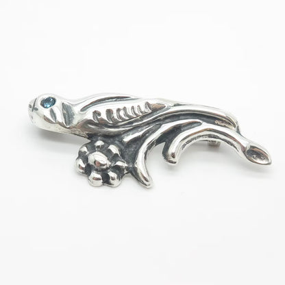 925 Sterling Silver Vintage Real Blue Topaz Gem Bird On Branch Pin Brooch