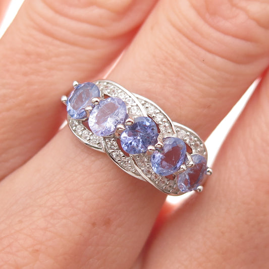 925 Sterling Silver Real Oval-Cut Tanzanite & Round-Cut White Topaz Ring Size 8