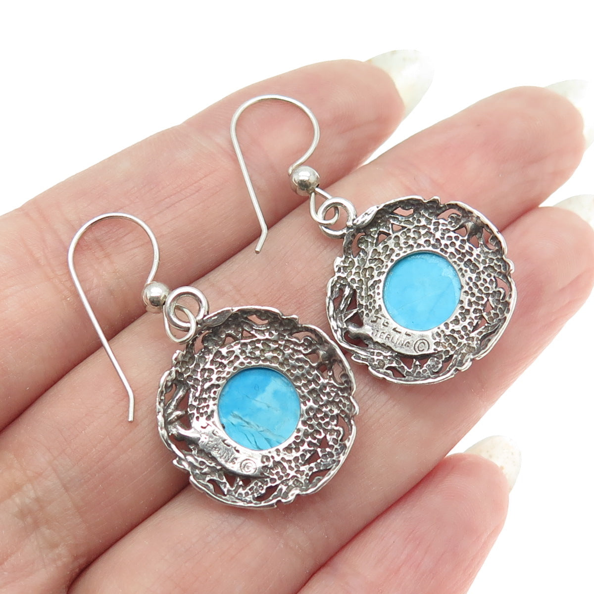 JEZLAINE 9925 Sterling Silver Vintage Mexico Real Turquoise Gem Ethnic Earrings