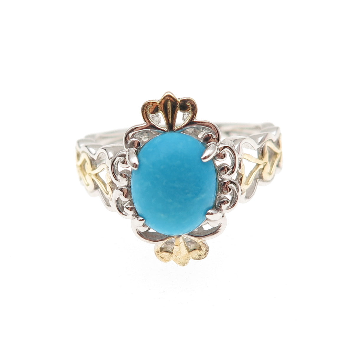 925 Sterling Silver 2-Tone Real Sleeping Beauty Turquoise Floral Ring Size 8.25