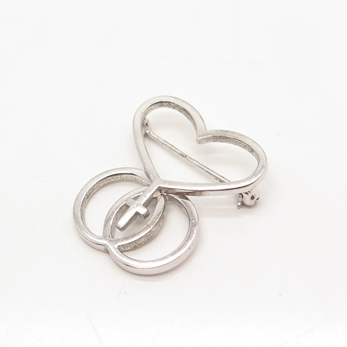 925 Sterling Silver Vintage Heart Cross Circles Pin Brooch