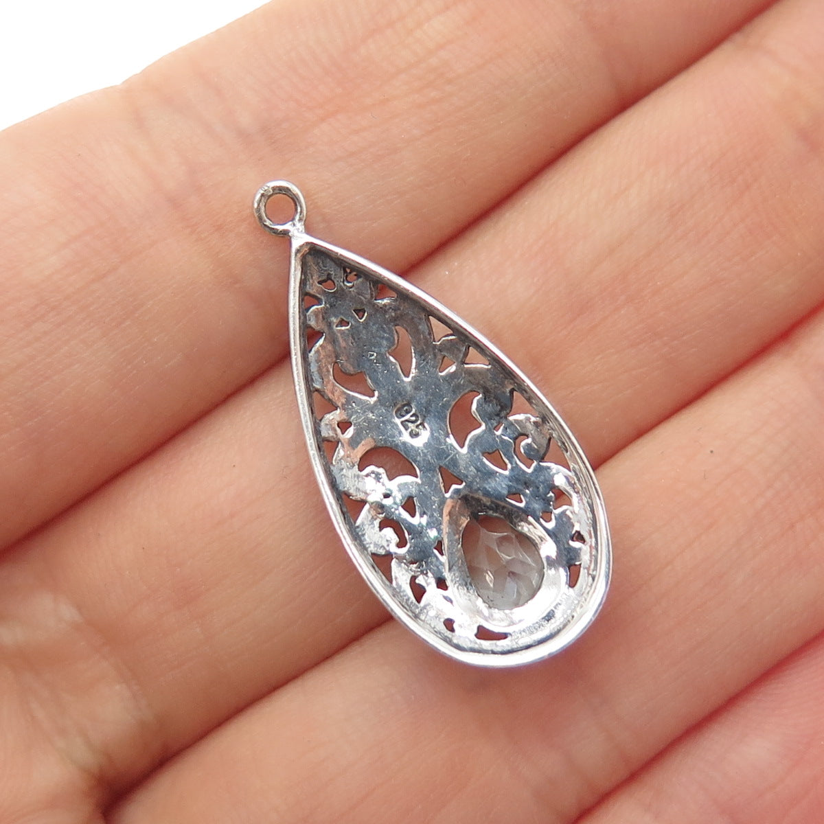 925 Sterling Silver Vintage Real Blue Topaz Ornate Teardrop Oxidized Pendant