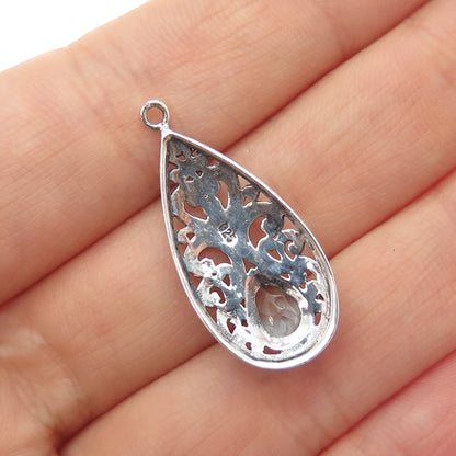 925 Sterling Silver Vintage Real Blue Topaz Ornate Teardrop Oxidized Pendant