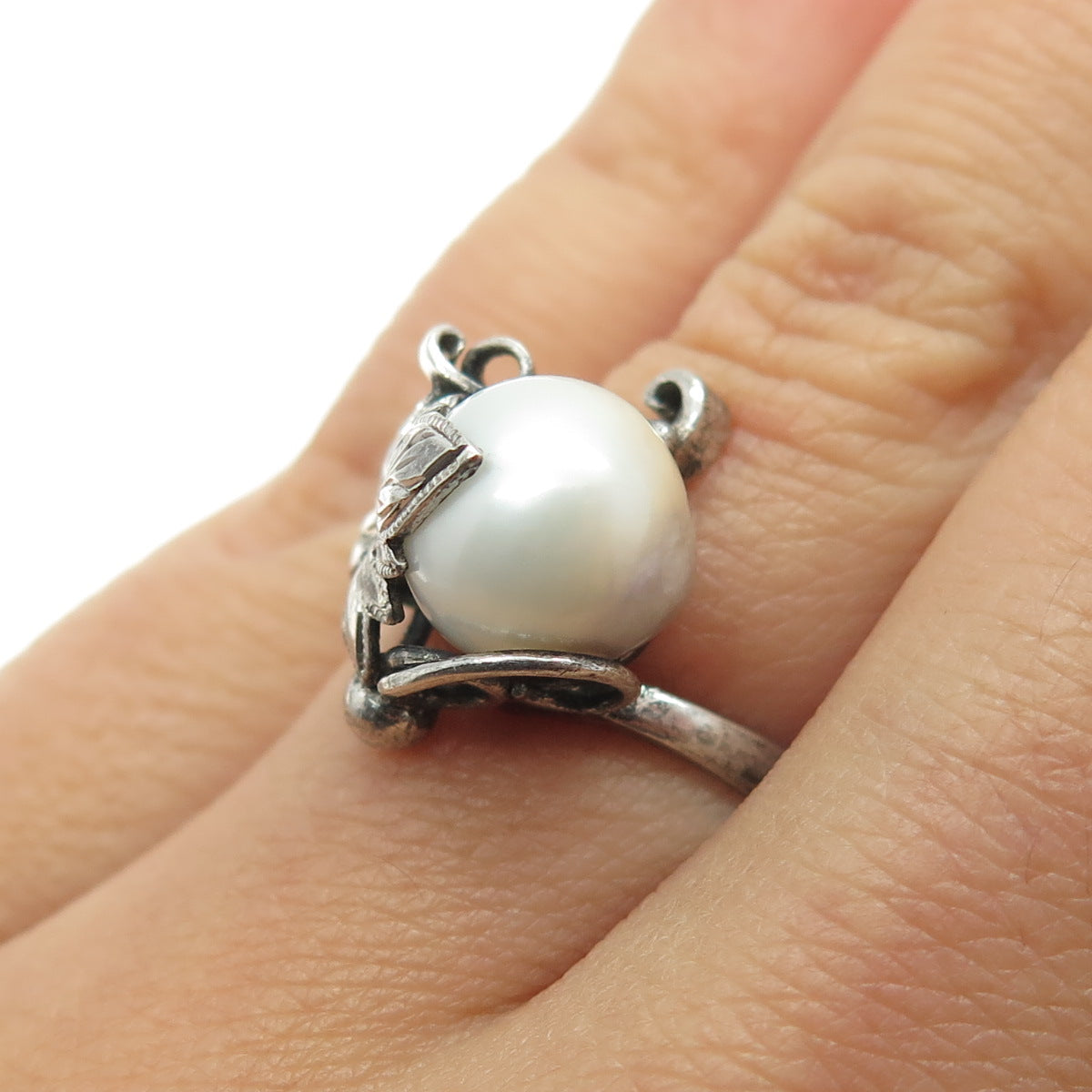 925 Sterling Silver Antique Art Deco Real Pearl Maple Leaf Ring Size 6.25