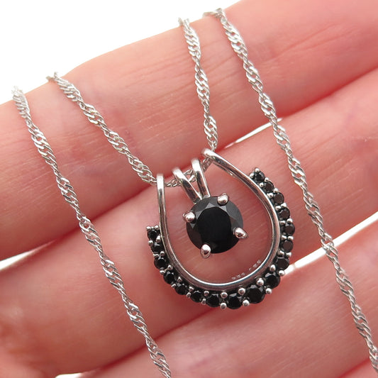 925 Sterling Silver Real Round-Cut Black Spinel Horseshoe Chain Necklace 18-20"