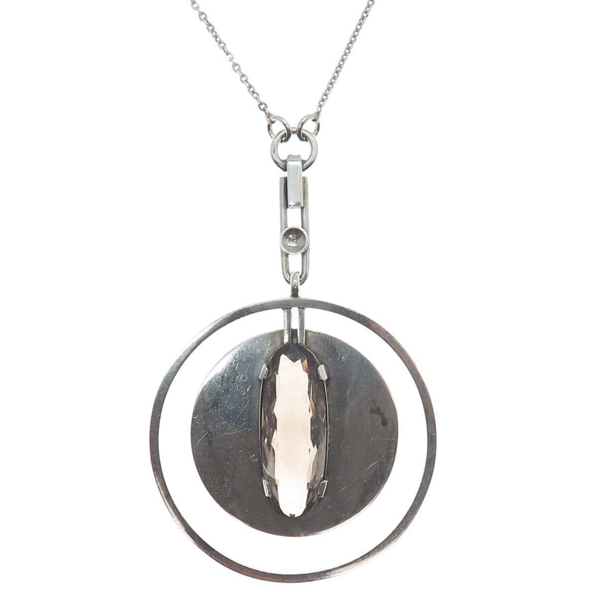 DENING-LEIPZIG 900 Silver Vintage Smoky Quartz Modernist Chain Necklace 16-18"