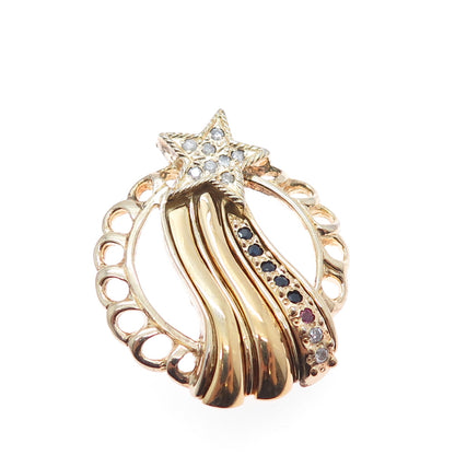 925 Sterling Silver Gold Plated Vintage Real Diamond Sapphire & Ruby Star Brooch