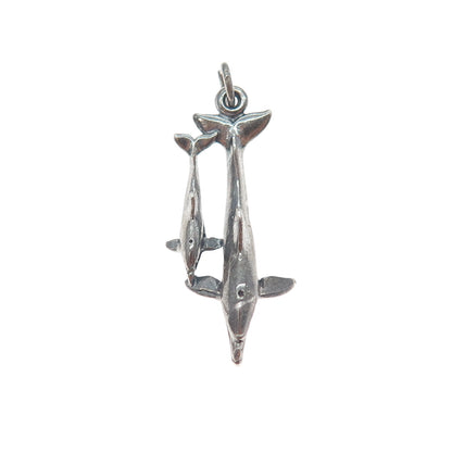 SUNWEST 925 Sterling Silver Vintage Dolphin Mom & Child Oxidized Charm Pendant