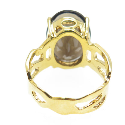 BADAVICI 925 Sterling Silver Gold Plated Real Oval-Cut Smoky Quartz Ring Size 8