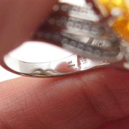 925 Sterling Silver Oval-Cut Canary & Round-Cut White C Z Ring Size 7