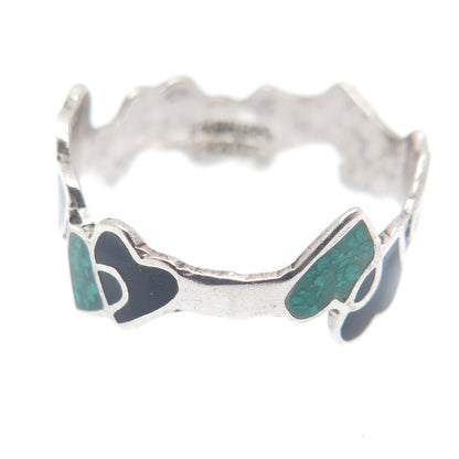 925 Sterling Silver Vintage Mexico Enamel Real Turquoise Inlay Heart Ring Size 7