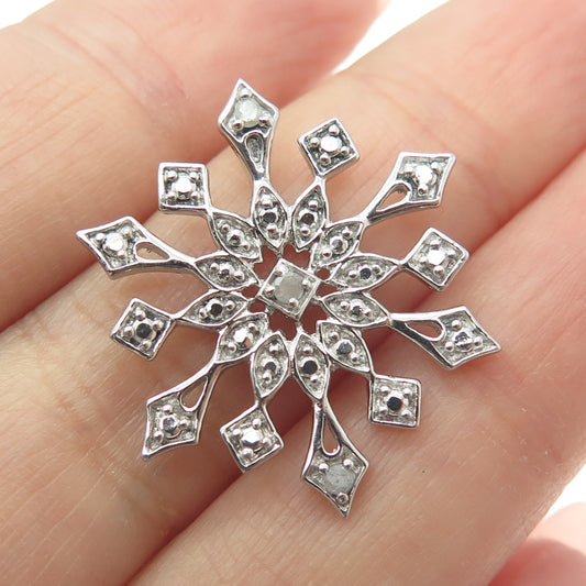 925 Sterling Silver Real Round-Cut Diamond Snowflake Pendant